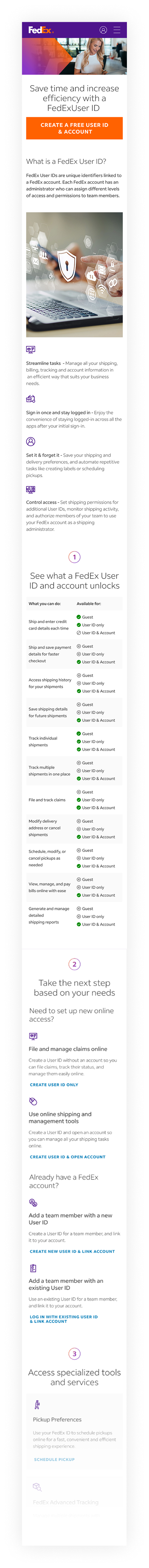 Redesigned FedEx User ID mobile page